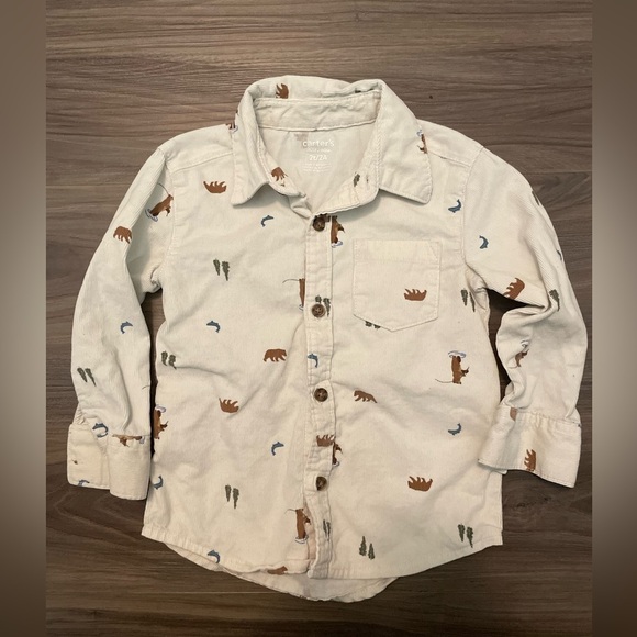 Carter's Cream and Brown Button Down Corduroy Shirt with Bear print size 2T - Picture 1 of 4